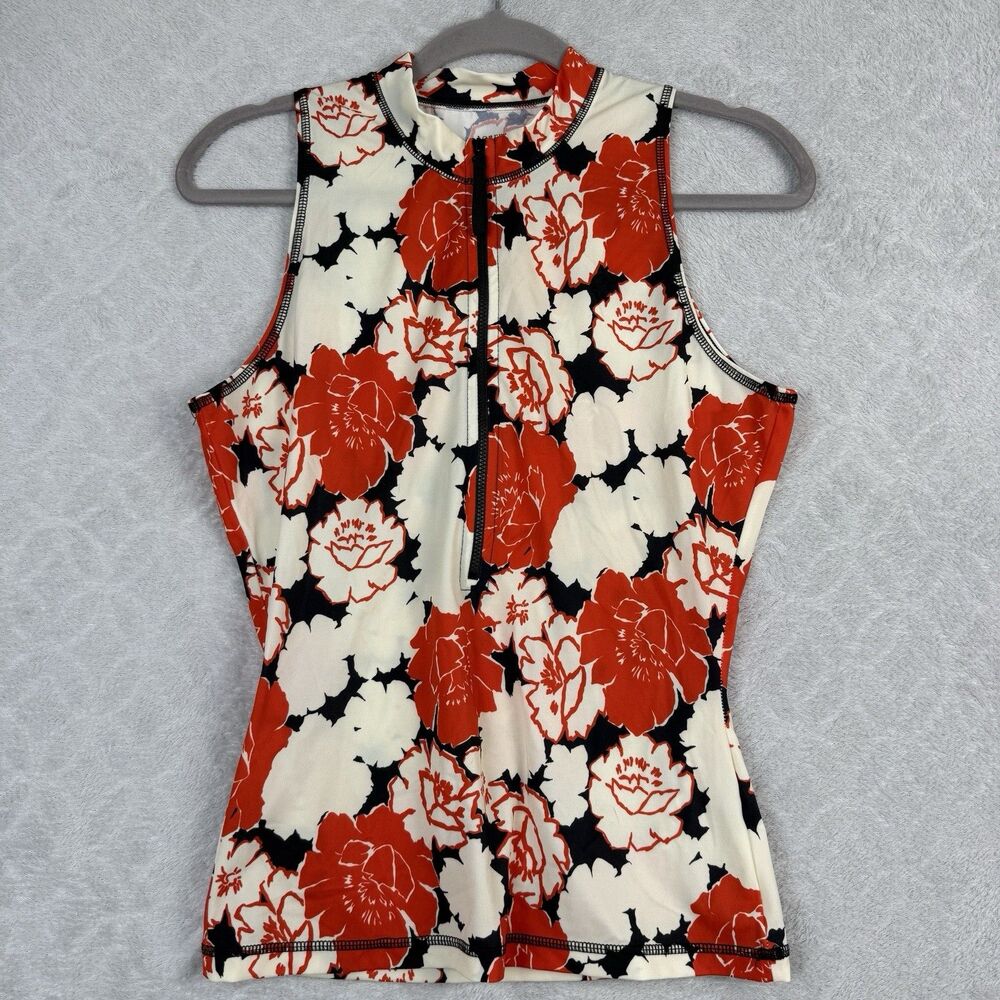 J Crew Sleeveless Rash Guard Womens Medium Red Floral Zip Up Tropical Swim Beach